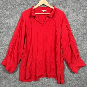 John Mark Plus Size 2X Tunic Shirt Red Henley Long Sleeves Rayon Nylon Blend